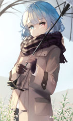 Rule 34 | 1girl, alternate costume, beige coat, black gloves, black scarf, blue eyes, blue hair, bob cut, bright pupils, buttons, closed mouth, coat, cowboy shot, flower, geta, gloves, hands up, heterochromia, highres, holding, holding umbrella, long sleeves, looking at viewer, lumo 1121, outdoors, plaid, plaid scarf, pocket, red eyes, ribbed sweater, scarf, shoes, short hair, single shoe, sky, solo, sweater, tatara kogasa, touhou, tree, umbrella, white flower, white sweater, wide sleeves