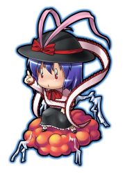 Rule 34 | 04bou, 1girl, black skirt, blue hair, blush, bow, bowtie, chibi, electricity, female focus, full body, hat, long sleeves, nagae iku, red bow, red bowtie, red eyes, short hair, skirt, solo, standing, touhou