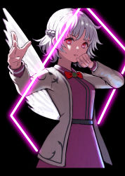 Rule 34 | 1girl, absurdres, arms up, belt, black background, black border, blue belt, border, bow, bowtie, braid, breasts, closed mouth, collared dress, dress, grey hair, grey jacket, hair between eyes, hands up, highres, jacket, kishin sagume, light, long sleeves, looking at viewer, medium breasts, open clothes, open jacket, purple dress, red bow, red bowtie, red eyes, shadow, short hair, simple background, single wing, solo, standing, teeth, touhou, tsukebo, white hair, wings