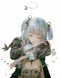 Rule 34 | 1girl, black jacket, blue hair, closed eyes, eyelashes, facing viewer, head rest, jacket, knees up, lips, long sleeves, original, say hana, short twintails, sitting, solo, twintails