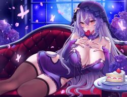 1girl art_ethna bare_shoulders black_swan_(honkai:_star_rail) breasts bug butterfly cake cake_slice cleavage collar couch detached_sleeves dress eyelashes flower food fruit full_moon grey_hair hands_on_own_chest heart highres hip_vent honkai:_star_rail honkai_(series) insect large_breasts long_hair moon mouth_hold on_couch pink_petals purple_collar purple_dress purple_eyes purple_flower purple_nails purple_rose purple_sleeves rose solo strapless strapless_dress strawberry table thighhighs twitter_username veil window