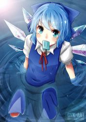 Rule 34 | 1girl, artist name, blue dress, blue eyes, blue hair, blush, cirno, dress, food, gnk-art, hair ribbon, ice, ice wings, looking at viewer, matching hair/eyes, mouth hold, partially submerged, popsicle, puffy sleeves, ribbon, short hair, short sleeves, sitting, solo, touhou, water, watermark, web address, wet, wings