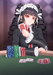 Rule 34 | 1girl, black hair, black jacket, card, celestia ludenberg, commission, danganronpa: trigger happy havoc, danganronpa (series), drill hair, earrings, frilled jacket, frills, hand up, haryudanto, highres, holding, holding card, jacket, jewelry, long hair, long sleeves, looking at viewer, necktie, playing card, poker, poker chip, red eyes, red necktie, smile, solo, twin drills, twintails