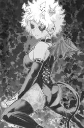 Rule 34 | 1girl, ashido mina, ass, bare shoulders, bat wings, black sclera, boku no hero academia, breasts, closed mouth, colored sclera, demon girl, demon tail, earrings, food-themed hair ornament, greyscale, hair ornament, halloween costume, heart, high heels, highres, jewelry, looking at viewer, looking back, monochrome, nstime23, pumpkin hair ornament, sitting, solo, demon girl, tail, tattoo, thighhighs, wariza, wings