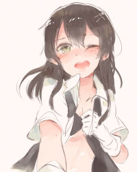 Rule 34 | 10s, 1girl, ;o, black bra, black hair, blouse, blush, bra, gloves, hair ornament, hairclip, itomugi-kun, kantai collection, long hair, looking at viewer, one eye closed, open clothes, open mouth, oyashio (kancolle), school uniform, shirt, short sleeves, solo, underwear, vest, white gloves, white shirt
