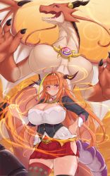 Rule 34 | 1girl, absurdres, ahoge, black hairband, black jacket, blonde hair, blush, bow, braid, breasts, brooch, cleavage, cowboy shot, cream cod, dragon, dragon girl, dragon horns, dragon tail, dual persona, furry, grin, hairband, hand on own hip, highres, hip vent, hololive, horn bow, horn ornament, horns, jacket, jewelry, kiryu coco, kiryu coco (1st costume), kiryu coco (dragon), large breasts, long hair, looking at viewer, microskirt, miniskirt, multicolored hair, orange hair, pointy ears, shirt, side braid, skindentation, skirt, smile, streaked hair, tail, thick thighs, thighhighs, thighs, virtual youtuber, white shirt