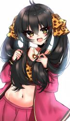Rule 34 | 1girl, :d, animal print, bangs, black hair, blush, brown camisole, brown eyes, brown ribbon, camisole, crop top, groin, hair between eyes, hair ribbon, highres, holding, holding hair, idolmaster, idolmaster cinderella girls, jacket, leopard print, long hair, long sleeves, matoba risa, midriff, navel, off-shoulder jacket, off shoulder, open mouth, pennant, pink jacket, pink skirt, pleated skirt, print camisole, print ribbon, ribbon, ricroot, simple background, skirt, smile, solo, string of flags, twintails, very long hair, white background
