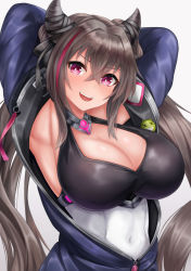 Rule 34 | 1girl, :d, absurdres, armpits, arms behind head, arms up, azur lane, badge, bare shoulders, black ribbon, blue jacket, breasts, button badge, cleavage, commentary, covered navel, crossed bangs, dress, fang, grey hair, hair between eyes, hair horns, hair ribbon, highres, jacket, large breasts, long hair, looking at viewer, multicolored hair, open mouth, partially unzipped, purple eyes, purple hair, ribbon, ryara, san francisco (azur lane), sidelocks, simple background, sleeveless, sleeveless dress, smile, solo, standing, streaked hair, teeth, twintails, upper body, upper teeth only, very long hair, white background, white dress