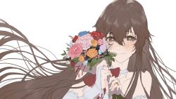 Rule 34 | aochoku, blush, bouquet, breasts, brown eyes, brown hair, crying, crying with eyes open, dress, flower, highres, jewelry, long hair, necklace, otonashi maria, red ribbon, ribbon, small breasts, smile, solo, strapless, strapless dress, tears, utsuro no hako to zero no maria, very long hair, wedding dress, white background, white dress