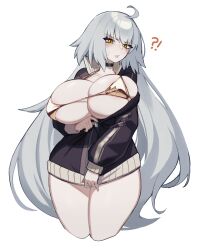 Rule 34 | !?, 1girl, ahoge, arm under breasts, bikini, bikini top only, black choker, blush, breasts, choker, cleavage, collarbone, covered erect nipples, fate/grand order, fate (series), gold bikini, grey hair, highres, huge breasts, jacket, jeanne d&#039;arc alter (fate), long hair, long sleeves, looking at viewer, open clothes, open jacket, orange eyes, parted lips, partially unzipped, psidubs, pulling own clothes, simple background, skindentation, solo, swimsuit, thick thighs, thighs, unzipped, unzipping, very long hair, white background, zipper, zipper pull tab