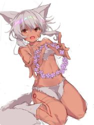 Rule 34 | 1girl, :d, animal ears, bare arms, bare shoulders, blush, dutch angle, facial mark, flower, flower wreath, fox ears, fox girl, fox tail, fur, hair between eyes, long hair, looking at viewer, open mouth, original, purple flower, red eyes, revealing clothes, silver hair, simple background, sitting, sketch, smile, solo, tail, wariza, white background, yuuji (yukimimi)