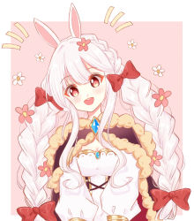 Rule 34 | 1girl, :d, animal ears, blush, bow, braid, breasts, character request, cleavage, commentary request, dress, flower, fur trim, hair between eyes, hair bow, hair flower, hair ornament, head tilt, highres, light (luxiao deng), long sleeves, medium breasts, notice lines, official alternate costume, open mouth, pink background, pink flower, puffy long sleeves, puffy sleeves, rabbit ears, ragnarok online, red bow, red eyes, smile, solo, teeth, twin braids, twintails, two-tone background, upper body, upper teeth only, white background, white dress, white flower, white hair
