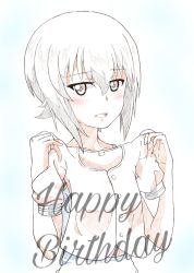 Rule 34 | 1girl, birthday, blouse, blush, colored pencil (medium), commentary, cursive, english text, girls und panzer, happy birthday, holding, holding clothes, holding shirt, kayabakoro, looking at viewer, muted color, nishizumi maho, open mouth, shirt, short hair, smile, solo, traditional media, upper body