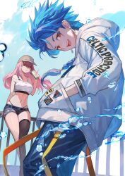 Rule 34 | 1boy, 1girl, :d, bare shoulders, black thighhighs, blue hair, blue sky, braid, braided ponytail, breasts, brown headwear, casual, cleavage, commentary request, crop top, cu chulainn (fate), cup, cutoffs, denim, denim shorts, disposable cup, drinking, drinking straw, drinking straw in mouth, earrings, fate/grand order, fate (series), hands in pockets, hat, highleg, highleg panties, highres, holding, holding cup, hood, hood down, hooded jacket, jacket, jewelry, lack, large breasts, long hair, looking at viewer, looking to the side, midriff, navel, off shoulder, on railing, open clothes, open jacket, open mouth, panties, pink hair, railing, red eyes, scathach (fate), setanta (fate), short shorts, shorts, single thighhigh, sitting, skindentation, sky, smile, standing, tail, tank top, teeth, thighhighs, underwear, upper teeth only, water, white jacket, white tank top