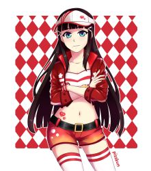 Rule 34 | 10s, 1girl, aqua eyes, argyle, argyle background, argyle clothes, artist name, belt, black hair, blunt bangs, crossed arms, gem (symbol), hair ornament, hat, highres, jacket, kurosawa dia, long hair, looking at viewer, love live!, love live! school idol festival, love live! sunshine!!, midriff, mole, mole under mouth, navel, open clothes, open jacket, parted lips, pisskun, shorts, smile, solo, thighhighs