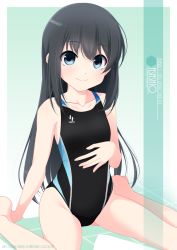 Rule 34 | 1girl, artist name, asashio (kancolle), black hair, black one-piece swimsuit, blue eyes, character name, competition swimsuit, flat chest, highres, inaba shiki, kantai collection, long hair, looking at viewer, multicolored clothes, multicolored swimsuit, one-hour drawing challenge, one-piece swimsuit, sitting, solo, swimsuit, wariza