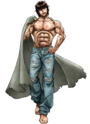 Rule 34 | 1boy, abs, barefoot, brown hair, bruise, cloak, denim, grappler baki, hands in pocket, hanma baki, highres, injury, jeans, male focus, muscular, pants, ripped jeans, scar, short hair, smile, solo, standing, white background
