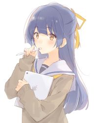 Rule 34 | 1girl, bad id, bad twitter id, blue hair, blunt bangs, blush, brown eyes, brown sweater, copyright request, hair ribbon, holding, horiizumi inko, ipad, long hair, long sleeves, looking at viewer, mouth hold, neckerchief, ribbon, sailor collar, school uniform, serafuku, simple background, solo, stylus, sweater, tablet pc, upper body, white background, white sailor collar, yellow neckerchief