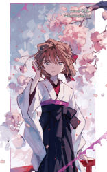 Rule 34 | 1girl, artist name, blue eyes, brown hair, cherry blossoms, closed mouth, daylight919, flower, haibara ai, hair between eyes, highres, japanese clothes, kimono, looking at viewer, meitantei conan, petals, pink flower, short hair, solo, standing, twitter username, white kimono