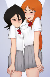 Rule 34 | 2girls, ass, asymmetrical docking, black hair, bleach, blush, bow, breast envy, breast press, breasts, closed eyes, closed mouth, feet out of frame, from side, grey skirt, hair between eyes, hair ornament, highres, inoue orihime, kuchiki rukia, large breasts, long hair, loodncrood, multiple girls, bowtie, open mouth, orange hair, pleated skirt, red bow, school uniform, shirt, short hair, sidelocks, skirt, small breasts, standing, sweatdrop, teeth, thighs, upper teeth only, white shirt