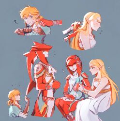 Rule 34 | 2boys, 2girls, ?, blonde hair, breasts, colored skin, dress, fingerless gloves, fins, fish boy, fish girl, from side, gloves, grey background, grey dress, hair ornament, highres, jewelry, link, long hair, mipha, monster boy, monster girl, multicolored skin, multiple boys, multiple girls, nail polish, nintendo, no eyebrows, notice lines, open mouth, oratoza, pointy ears, princess zelda, profile, red hair, red skin, sidon, simple background, sitting, small breasts, smile, sparkle, the legend of zelda, the legend of zelda: breath of the wild, yellow eyes, zora