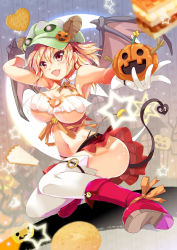 Rule 34 | 1girl, arm up, armpits, blonde hair, boots, breasts, cafe-chan to break time, cleavage, cleavage cutout, clothing cutout, commentary request, cookie, crescent moon, demon horns, demon tail, demon wings, detached collar, fang, food, gloves, halloween, hand on own head, hat, hat ornament, horns, jack-o&#039;-lantern, midriff, miniskirt, moon, navel, pink footwear, porurin (do-desho), red eyes, skirt, solo, star (symbol), tail, tea (cafe-chan to break time), thighhighs, thighs, underboob, underboob cutout, white gloves, wings