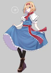 Rule 34 | 1girl, ;), absurdres, alice margatroid, black pantyhose, blonde hair, blue eyes, blue shirt, blue skirt, blush, boots, capelet, commentary request, hairband, heart, highres, holding, holding clothes, holding skirt, one eye closed, pantyhose, puffy short sleeves, puffy sleeves, red hairband, sakura yuto, shirt, short hair, short sleeves, simple background, skirt, smile, solo, touhou, white capelet