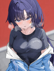 Rule 34 | 1girl, awnw, black shirt, blue archive, blue jacket, blurry, blurry background, blush, breasts, collarbone, highres, jacket, long hair, looking at viewer, medium breasts, official alternate costume, official alternate hairstyle, open mouth, partially unzipped, ponytail, purple eyes, purple hair, shirt, short sleeves, solo, star (symbol), sweat, track jacket, twitter username, yuuka (blue archive), yuuka (track) (blue archive)