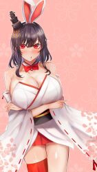 Rule 34 | 1girl, adapted costume, animal ears, bare shoulders, black hair, bow, bowtie, breasts, cleavage, cowboy shot, detached collar, detached sleeves, hair ornament, highres, kantai collection, large breasts, miyako (rgrayt), rabbit ears, red background, red bow, red bowtie, red eyes, red thighhighs, short hair, single thighhigh, solo, thighhighs, wide sleeves, yamashiro (kancolle)