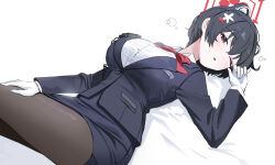 Rule 34 | 1girl, absurdres, animal ears, bed sheet, black eyes, black hair, black hat, black pantyhose, black skirt, blue archive, blush, bow, bowtie, breasts, buttons, collared shirt, extra ears, gloves, hair between eyes, hair ornament, halo, hat, highres, large breasts, long sleeves, official alternate costume, one eye closed, open mouth, pantyhose, prock, red bow, red bowtie, red halo, shirt, short hair, skirt, solo, tour guide, tsubaki (blue archive), tsubaki (guide) (blue archive), white gloves, white shirt
