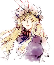 Rule 34 | 1girl, blonde hair, bow, breasts, chinese commentary, closed eyes, commentary request, crying, dress, facing viewer, hair bow, hat, hat ribbon, hug (yourhug), medium breasts, mob cap, ribbon, simple background, solo, tabard, touhou, upper body, white background, white dress, white hat, wind, yakumo yukari
