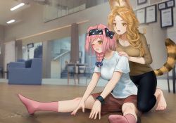Rule 34 | 2girls, absurdres, animal ears, arknights, armchair, barefoot, black leggings, blonde hair, blurry, blurry background, braid, breasts, brown shirt, brown shorts, cat ears, chair, cleavage, clenched teeth, collarbone, commentary request, depth of field, forehead, goldenglow (arknights), hair over shoulder, highres, indoors, leggings, long hair, medium breasts, multiple girls, no shoes, on floor, one eye closed, parted bangs, pink hair, pink socks, quercus (arknights), shirt, short shorts, short sleeves, shorts, single braid, sitting, socks, stretching, striped tail, tail, teeth, thick eyebrows, welt (kinsei koutenkyoku), white shirt, yellow eyes