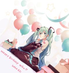 Rule 34 | 1girl, 2020, absurdly long hair, absurdres, anniversary, aqua eyes, aqua hair, artist name, artist request, balloon, bare shoulders, black footwear, black skirt, black thighhighs, blue eyes, blue hair, blue necktie, blurry, box, breasts, chair, character name, closed mouth, collared shirt, commentary, curly hair, dated, depth of field, detached sleeves, dot nose, dress shirt, dutch angle, eyes visible through hair, female focus, full body, garland (decoration), gift, gift box, grey shirt, hair between eyes, happy, hatsune miku, head tilt, highres, huge filesize, light blush, loafers, long hair, looking at viewer, necktie, number tattoo, on ground, party, pastel colors, pinkusan, pleated skirt, shadow, shiny clothes, shiny footwear, shiny legwear, shirt, shoes, shoulder tattoo, sidelocks, simple background, sitting, skirt, sleeveless, sleeveless shirt, sleeves past fingers, sleeves past wrists, small breasts, smile, solo, sparkle, star (symbol), starry background, straight hair, symbol in eye, tareme, tattoo, thighhighs, twintails, v arms, very long hair, vocaloid, wariza, white background