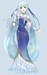 Rule 34 | 1girl, bare shoulders, blue hair, dress, fire emblem, fire emblem: the blazing blade, fire emblem heroes, full body, hair ornament, highres, long hair, looking at viewer, ninian, nintendo, official alternate costume, open mouth, red eyes, smile, solo