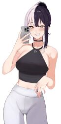 Rule 34 | 1girl, bare arms, bare shoulders, black choker, black hair, black shirt, blush, breasts, cellphone, choker, collarbone, commentary, cowboy shot, crop top, gluteal fold, grin, high ponytail, holding, holding phone, hololive, hololive english, ku roiko, large breasts, looking at viewer, midriff, multicolored hair, open mouth, pants, phone, ponytail, selfie, shiori novella, shirt, sidelocks, simple background, smile, solo, split-color hair, taking picture, teeth, virtual youtuber, white background, white hair, yellow eyes, yoga pants