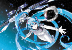 Rule 34 | 1girl, astronaut, blue eyes, blue hair, breasts, female focus, floating, gradient background, hatsune miku, unworn headwear, helmet, unworn helmet, long hair, matching hair/eyes, open mouth, solo, space, space station, star (sky), twintails, very long hair, vocaloid, yuuki kira