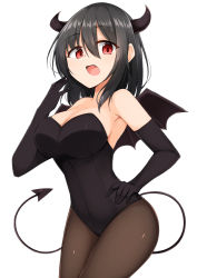 Rule 34 | 1girl, alternate costume, black gloves, black hair, black horns, black leotard, breasts, brown pantyhose, cleavage, demon girl, demon horns, demon tail, demon wings, elbow gloves, fangs, gloves, hair between eyes, hand on own hip, hand up, highres, horns, kantai collection, large breasts, leotard, open mouth, pantyhose, red eyes, sakikumo (sakumo), simple background, solo, strapless, strapless leotard, tail, white background, wings, yamashiro (kancolle)