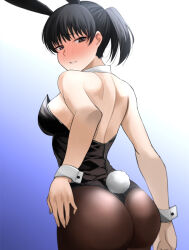 Rule 34 | 1girl, amagami, animal ears, ass, black eyes, black hair, black leotard, black pantyhose, blue background, blush, detached collar, from behind, gradient background, leotard, looking at viewer, looking back, mori heichi, nose blush, one-piece swimsuit, pantyhose, playboy bunny, ponytail, rabbit ears, rabbit tail, short hair, solo, strapless, strapless leotard, swimsuit, tail, tsukahara hibiki, white background, wrist cuffs