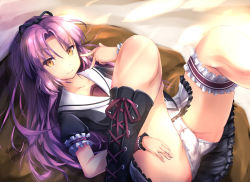 Rule 34 | 1girl, black footwear, black ribbon, black shirt, blouse, boots, bridal garter, cameltoe, closed mouth, commentary request, cross-laced footwear, crotch seam, eiyuu densetsu, falcom, finger to face, frilled skirt, frills, gc3, hair ribbon, lace, lace-trimmed panties, lace-up boots, lace trim, legs, long hair, looking at viewer, lying, miniskirt, on back, on bed, panties, parted bangs, purple hair, renne (eiyuu densetsu), ribbon, school uniform, sen no kiseki, sen no kiseki iv, serafuku, shirt, skirt, smile, solo, sora no kiseki, underwear, v-shaped eyebrows, white panties, white skirt, wrist cuffs, yellow eyes