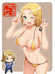 Rule 34 | 1girl, alternate costume, bikini, blonde hair, blouse, blue eyes, blue shirt, blush, breasts, breasts apart, chibi, chibi inset, cleavage, collarbone, collared shirt, commentary request, copyright request, covered erect nipples, cowboy shot, crossed arms, eyes visible through hair, flashlight, from side, full body, grey background, halterneck, hands up, highres, holding, holding flashlight, legs apart, lowleg, lowleg bikini, medium breasts, micro bikini, multiple views, navel, o-ring, o-ring bikini, open mouth, outline, outside border, pants, scowl, shiny skin, shirt, short hair, simple background, sinzen, standing, swimsuit, v, v-shaped eyebrows, white outline, yellow bikini