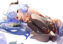 Rule 34 | 1girl, bare shoulders, bell, black bodysuit, black gloves, blue hair, bodysuit, commentary, cowbell, detached sleeves, flower, flower knot, full body, ganyu (genshin impact), genshin impact, gloves, goat horns, horns, long hair, looking at viewer, lying, on side, petals, petals in mouth, ponytail, purple eyes, simple background, solo, vision (genshin impact), white background, white flower, yae (yae ringo)