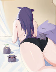 Rule 34 | 1girl, ass, bed sheet, black panties, closed eyes, facing away, fang, from behind, halo, highres, hololive, hololive english, koupi (ku roiko), ku roiko, long hair, lying, on stomach, open mouth, panties, personification, purple hair, takodachi (ninomae ina&#039;nis), thighs, topless, underwear, underwear only, virtual youtuber