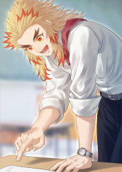 Rule 34 | 1boy, blonde hair, desk, forehead, forked eyebrows, highres, kimetsu no yaiba, long hair, male focus, multicolored hair, necktie, open mouth, orange hair, paper, pointing, red eyes, red necktie, remsor076, rengoku kyoujurou, shirt, smile, solo, two-tone hair, watch, white shirt