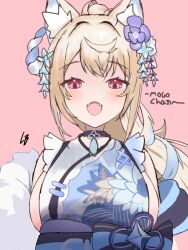 Rule 34 | 1girl, :3, :d, animal ear fluff, animal ears, black sash, blonde hair, blue hair, blue kimono, blush, breasts, dog ears, dog girl, fangs, floral print kimono, flower, fuwawa abyssgard, fuwawa abyssgard (new year), hair flower, hair ornament, high ponytail, highres, hololive, hololive english, japanese clothes, kimono, large breasts, long hair, loob, looking at viewer, multicolored hair, obi, official alternate costume, open mouth, pink eyes, sash, skin fangs, smile, solo, streaked hair, virtual youtuber
