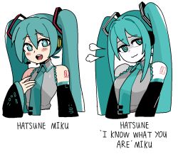 Rule 34 | 1girl, :3, alternate skin color, aqua eyes, aqua hair, aqua necktie, black sleeves, blush stickers, bright pupils, closed mouth, collared shirt, colored skin, commentary, cropped torso, detached sleeves, dizzyspells, english commentary, english text, grey shirt, hair between eyes, hair ornament, hatsune miku, long hair, long sleeves, looking at viewer, multiple views, necktie, number tattoo, open mouth, puff of air, ringed eyes, shirt, shoulder tattoo, simple background, sleeveless, sleeveless shirt, smile, tattoo, twintails, upper body, very long hair, vocaloid, white background, white pupils, white skin