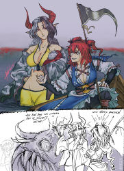 Rule 34 | 2koma, 3girls, 4reza, absurdres, bare shoulders, bikini, bikini top only, black hair, black pants, blue dress, boat, breasts, bridal gauntlets, cleavage, collarbone, comic, commentary, dress, ear piercing, earrings, english commentary, english text, eyeliner, fish, haori, highres, horns, japanese clothes, jewelry, large breasts, looking at another, makeup, medium hair, meme, midriff, multicolored hair, multiple girls, navel, oni horns, onozuka komachi, open mouth, pants, pants under dress, partially submerged, patting, piercing, pointy ears, red eyes, red hair, red horns, sash, scythe, short hair, shorts, silver hair, smile, swimsuit, touhou, twintails, two-tone hair, ushizaki urumi, wakasagihime, water, watercraft, white sleeves, yellow bikini, yellow shorts