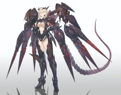 Rule 34 | 1girl, armor, armored boots, artoria pendragon (fate), artoria pendragon (lancer alter) (fate), black armor, blonde hair, boots, breasts, closed mouth, crown, dark persona, fate/grand order, fate (series), gauntlets, gradient background, hair between eyes, hand on own hip, high heels, highres, large breasts, looking at viewer, mechanical parts, mechanical tail, mechanical wings, navel, pale skin, simple background, sohn woohyoung, solo, spikes, standing, tail, underboob, wings, yellow eyes