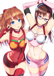 Rule 34 | 00s, 10s, 2girls, :3, :o, adapted costume, armpits, arms up, asahina hikage, between legs, black hair, blue eyes, blush, breasts, breasts apart, brown hair, cleavage cutout, closed mouth, clothes writing, clothing cutout, collarbone, colored eyelashes, covered navel, cowboy shot, crop top, elbow gloves, embarrassed, evangelion: 2.0 you can (not) advance, evangelion: 3.0 you can (not) redo, fingerless gloves, glasses, gloves, groin, hair ornament, hairband, half-closed eyes, hand between legs, hand up, head tilt, headgear, highleg, highleg leotard, hip focus, impossible clothes, legs together, leotard, leotard under clothes, long hair, looking at viewer, low twintails, makinami mari illustrious, midriff, miniskirt, multiple girls, naughty face, navel, neon genesis evangelion, open mouth, own hands together, parted bangs, pencil skirt, pink gloves, pink legwear, pink skirt, plugsuit, race queen, raised eyebrows, rebuild of evangelion, red-framed eyewear, red gloves, red legwear, red skirt, seductive smile, see-through, simple background, skin tight, skirt, small breasts, smile, souryuu asuka langley, standing, tank top, taut clothes, thighhighs, twintails, two side up, v, wavy mouth, white background, wide hips, zettai ryouiki
