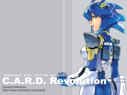 Rule 34 | 1girl, ass, blue hair, blue lips, breasts, clenched hand, copyright name, cowboy shot, english text, grey background, helmet, hucaseal, lipstick, looking back, makeup, phantasy star, phantasy star online, profile, reiz, sega, simple background, skin tight, solo, two-tone background, watermark, web address