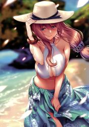 Rule 34 | 1girl, absurdres, bare shoulders, beach, bikini, blue eyes, blurry, blurry background, blush, breasts, brown hair, cleavage, closed mouth, collarbone, day, floral background, hair ornament, hair scrunchie, hand up, hat, highres, jewelry, kurumi shinoha, large breasts, lips, long hair, mole, mole under mouth, navel, original, outdoors, piromizu, sarong, scan, scrunchie, shore, solo, stomach, sun hat, swimsuit, water